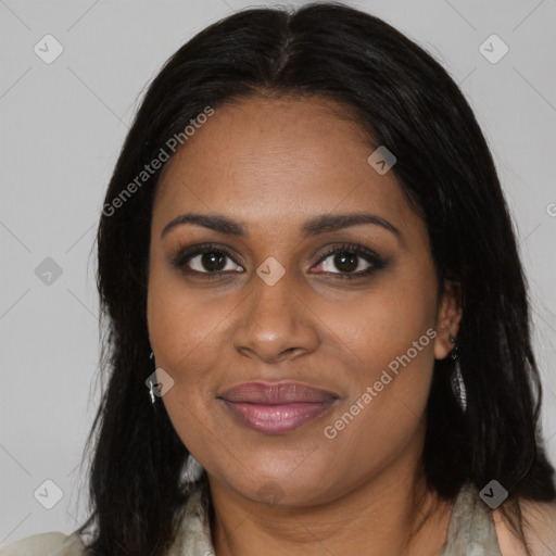 Joyful black young-adult female with medium  brown hair and brown eyes