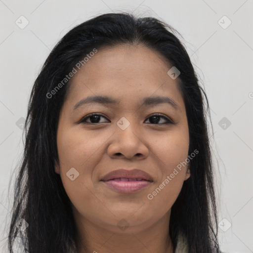 Joyful asian young-adult female with long  brown hair and brown eyes