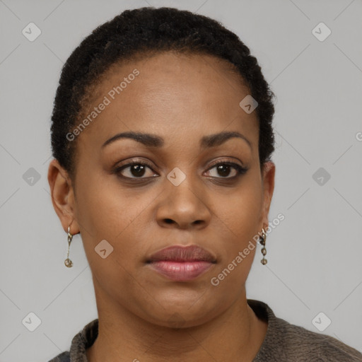 Neutral black young-adult female with short  brown hair and brown eyes