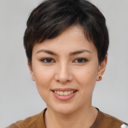 Joyful asian young-adult female with short  brown hair and brown eyes