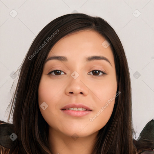 Joyful asian young-adult female with long  black hair and brown eyes