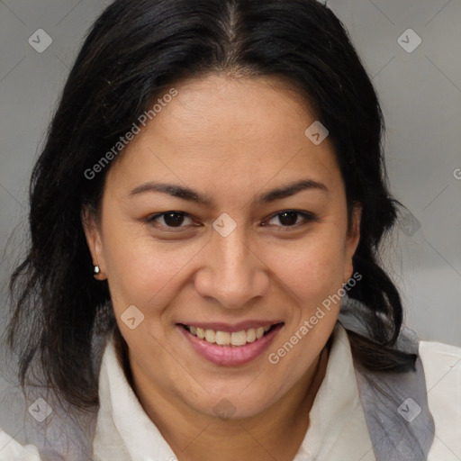 Joyful white adult female with medium  brown hair and brown eyes