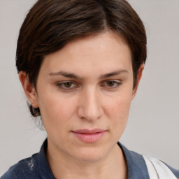 Neutral white young-adult female with short  brown hair and brown eyes