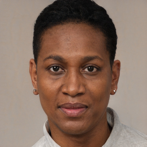 Neutral black adult female with short  black hair and brown eyes