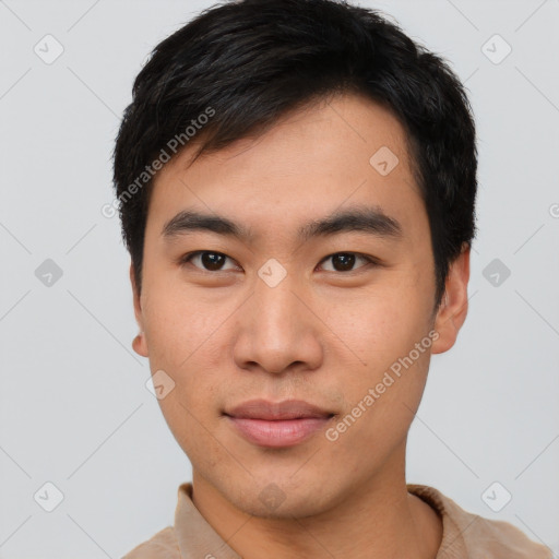 Neutral asian young-adult male with short  brown hair and brown eyes