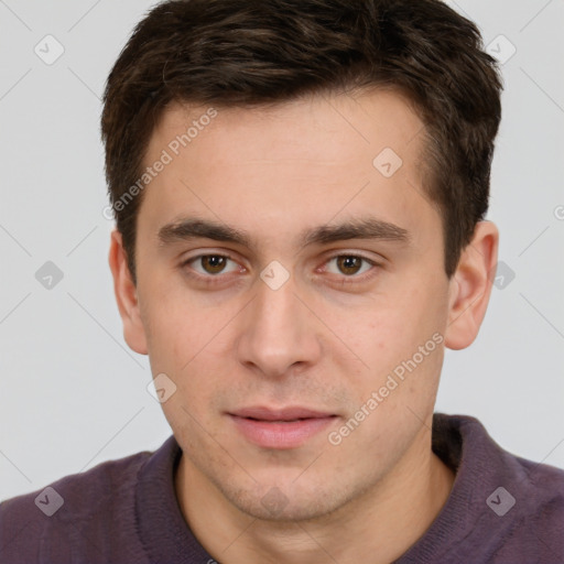 Neutral white young-adult male with short  brown hair and brown eyes