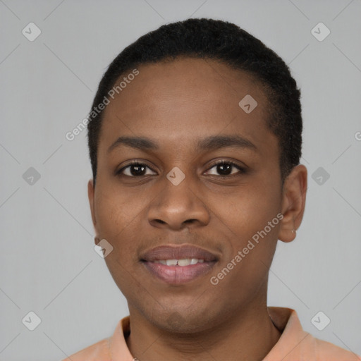 Joyful black young-adult male with short  black hair and brown eyes