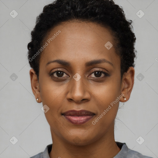 Joyful latino young-adult female with short  brown hair and brown eyes