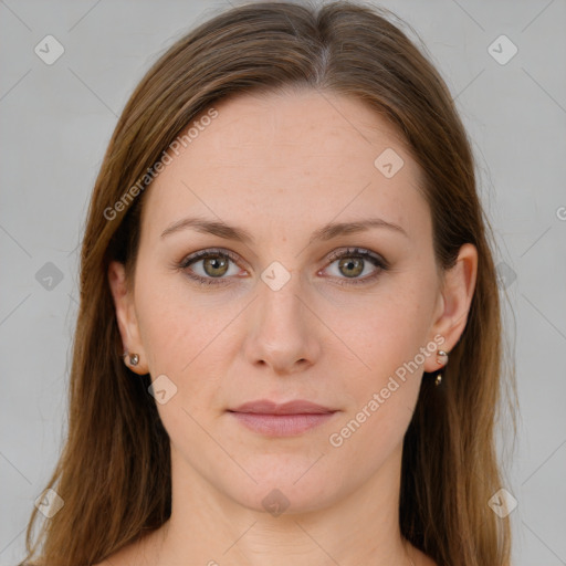 Joyful white young-adult female with long  brown hair and green eyes