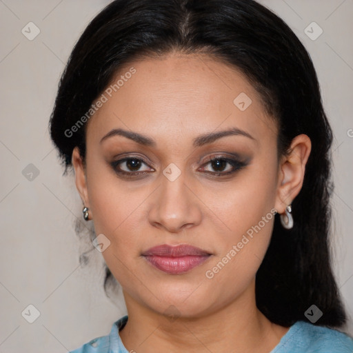 Joyful latino young-adult female with medium  brown hair and brown eyes