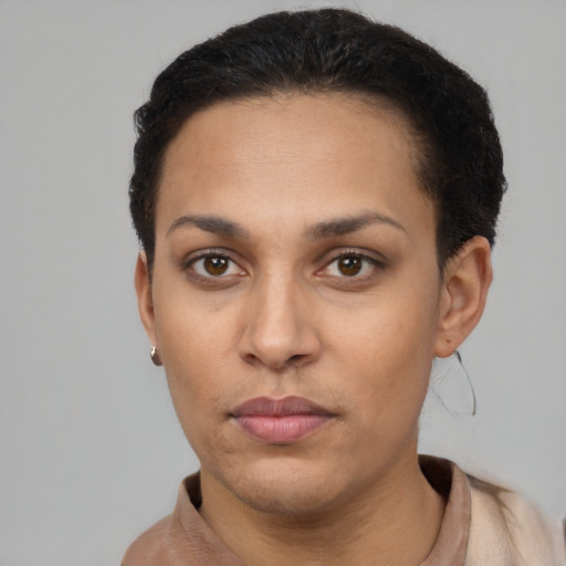 Neutral latino young-adult female with short  black hair and brown eyes