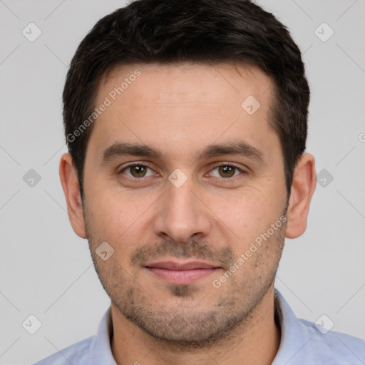 Neutral white young-adult male with short  brown hair and brown eyes