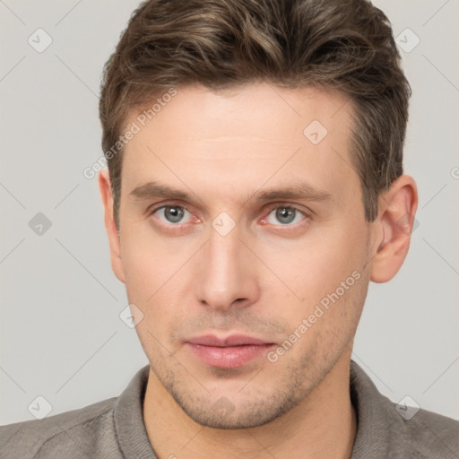 Neutral white young-adult male with short  brown hair and brown eyes