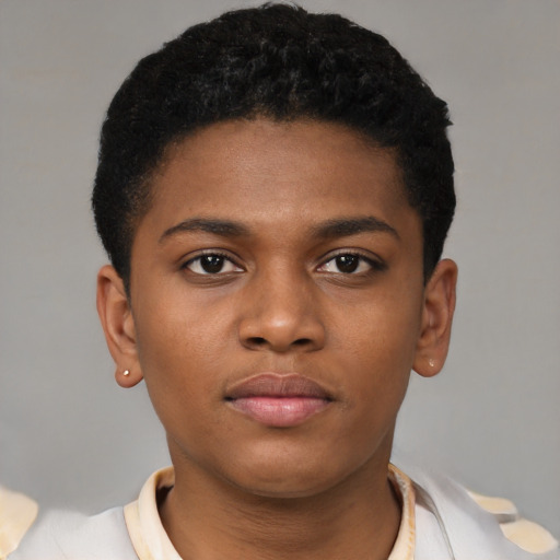 Neutral black young-adult female with short  brown hair and brown eyes