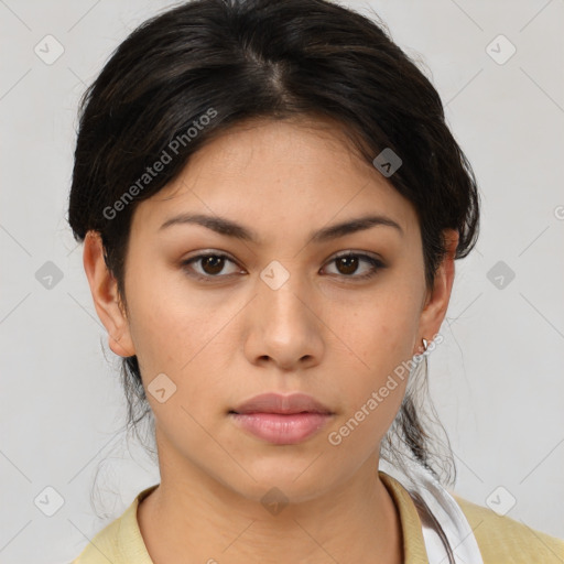 Neutral asian young-adult female with medium  brown hair and brown eyes