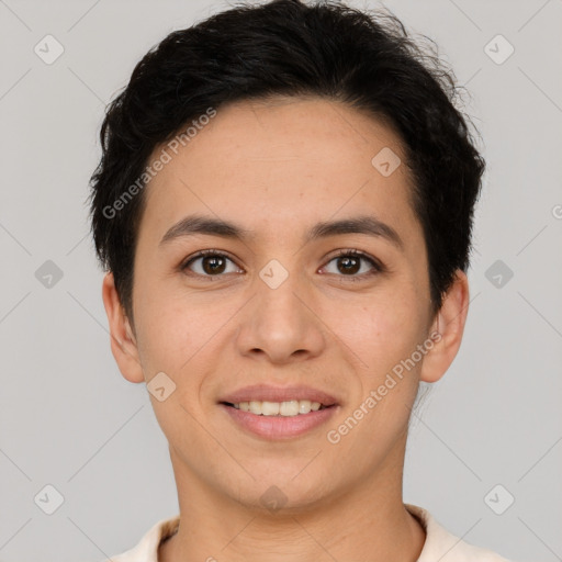 Joyful white young-adult female with short  brown hair and brown eyes