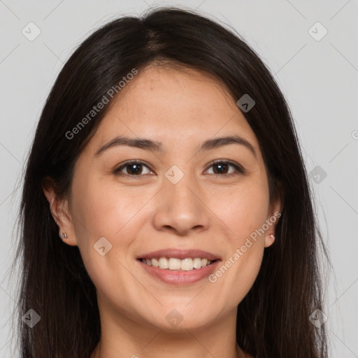 Joyful white young-adult female with long  brown hair and brown eyes