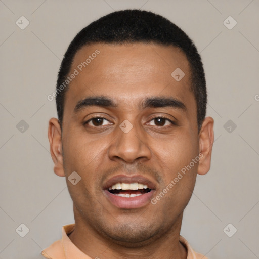Joyful black young-adult male with short  black hair and brown eyes