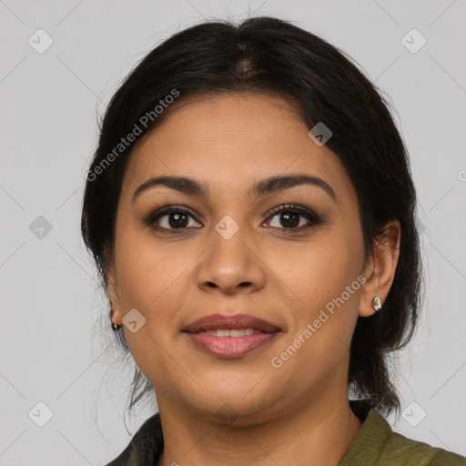 Joyful latino young-adult female with medium  brown hair and brown eyes