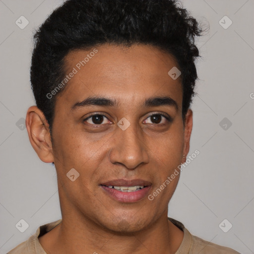 Joyful latino young-adult male with short  brown hair and brown eyes