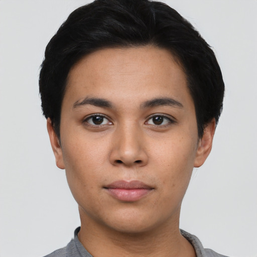 Neutral asian young-adult female with short  black hair and brown eyes