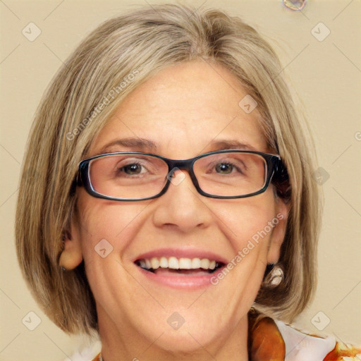 Joyful white adult female with medium  brown hair and blue eyes