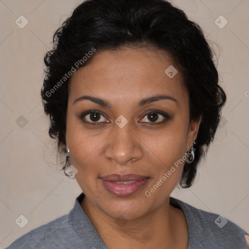 Joyful black adult female with medium  brown hair and brown eyes