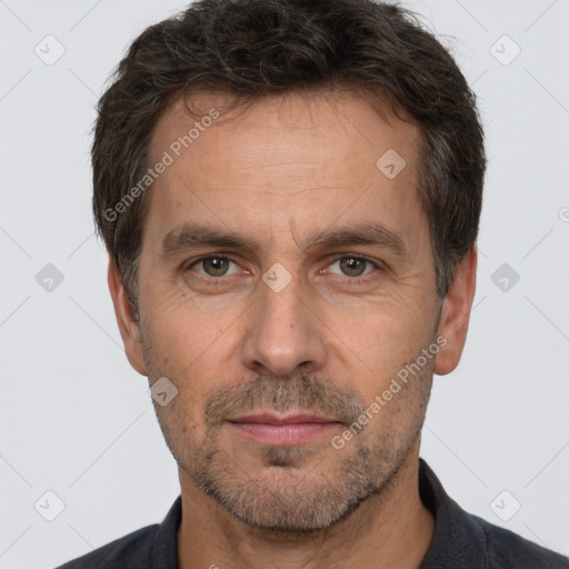 Neutral white adult male with short  brown hair and brown eyes