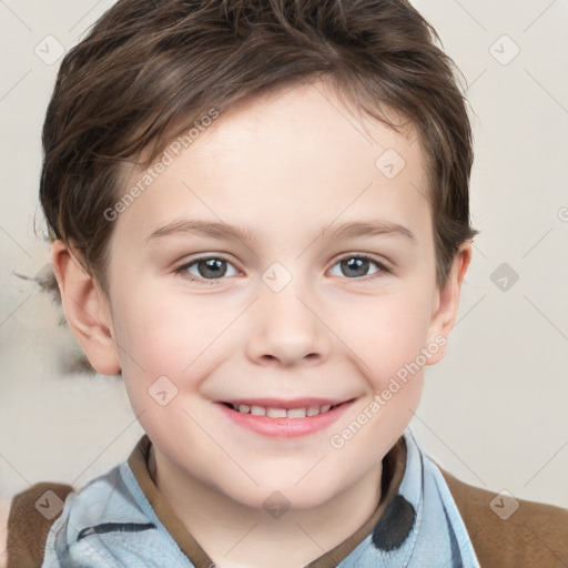 Joyful white child female with short  brown hair and grey eyes