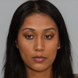 Neutral asian young-adult female with long  brown hair and brown eyes