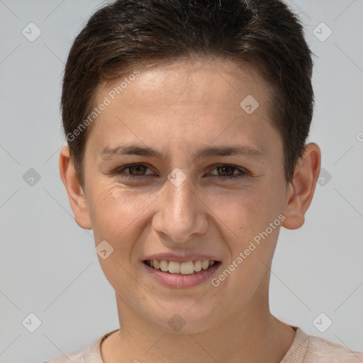 Joyful white young-adult female with short  brown hair and brown eyes