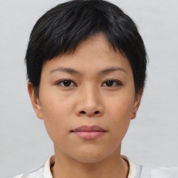 Neutral asian young-adult female with short  brown hair and brown eyes