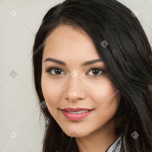 Joyful white young-adult female with long  black hair and brown eyes