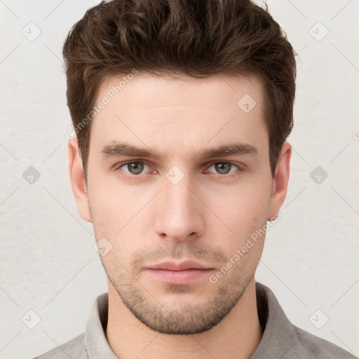 Neutral white young-adult male with short  brown hair and grey eyes