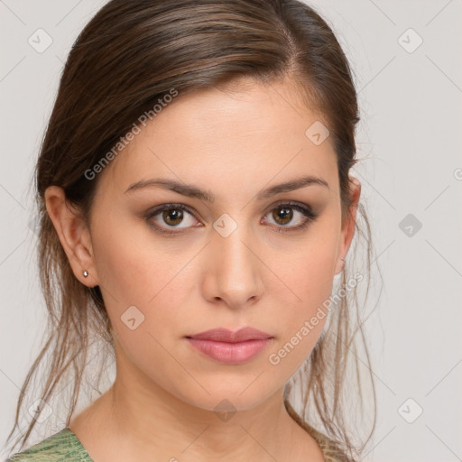 Neutral white young-adult female with medium  brown hair and brown eyes