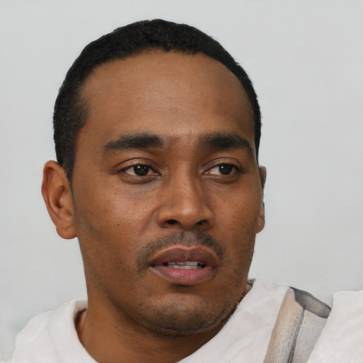 Neutral black young-adult male with short  black hair and brown eyes