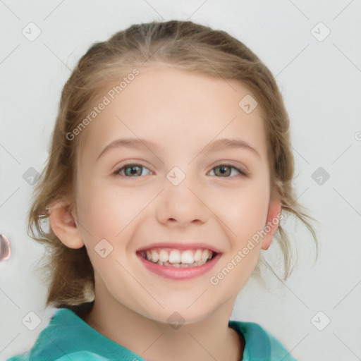 Joyful white child female with medium  brown hair and blue eyes