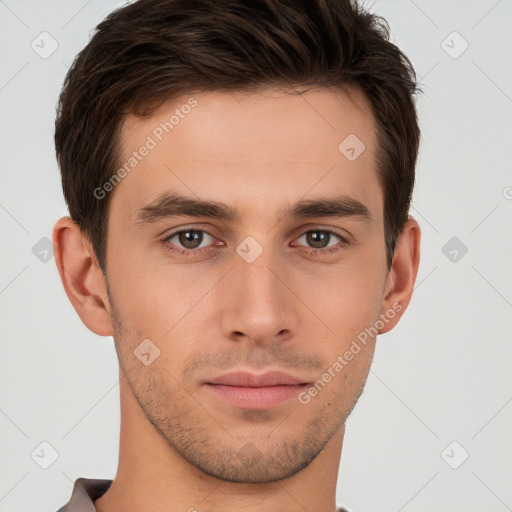 Neutral white young-adult male with short  brown hair and brown eyes