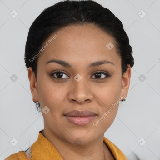 Joyful latino young-adult female with short  brown hair and brown eyes