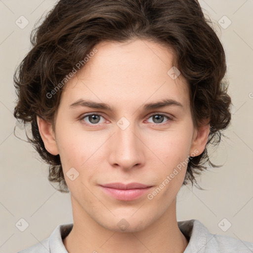 Neutral white young-adult female with medium  brown hair and grey eyes