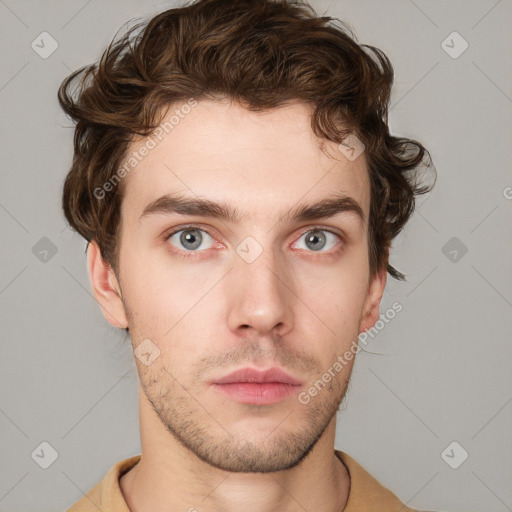 Neutral white young-adult male with short  brown hair and grey eyes