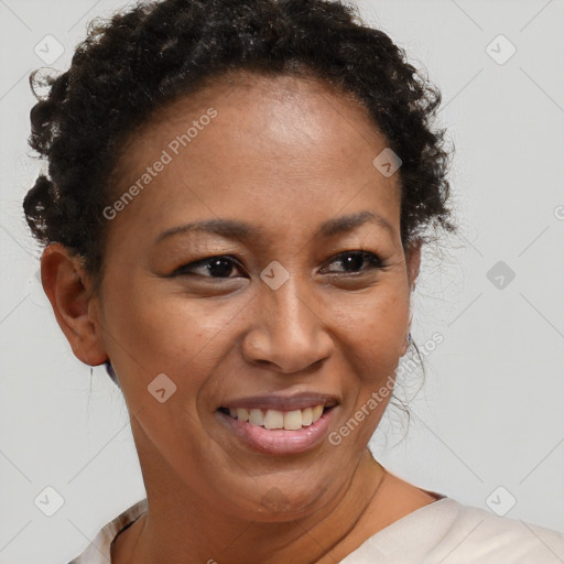 Joyful black adult female with short  brown hair and brown eyes