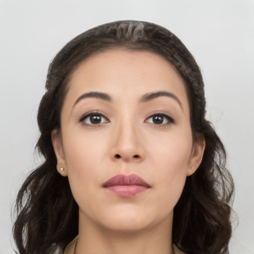 Neutral asian young-adult female with long  brown hair and brown eyes