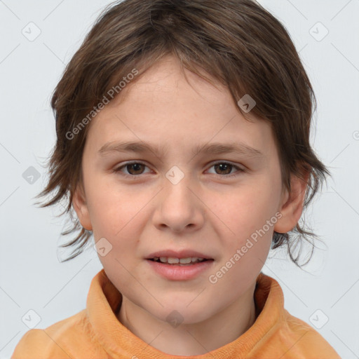 Joyful white child female with medium  brown hair and brown eyes