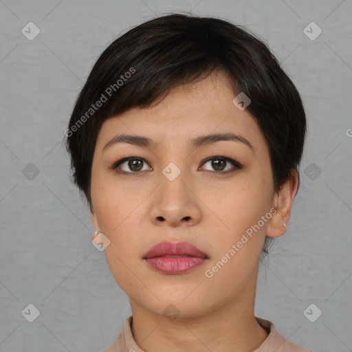 Neutral asian young-adult female with short  black hair and brown eyes