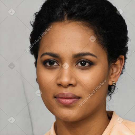 Joyful latino young-adult female with short  black hair and brown eyes