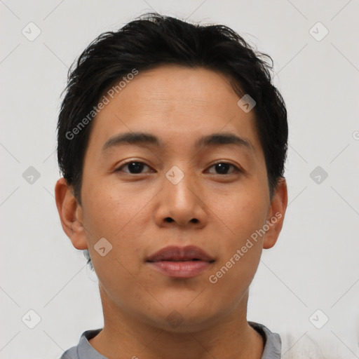 Neutral asian young-adult male with short  brown hair and brown eyes