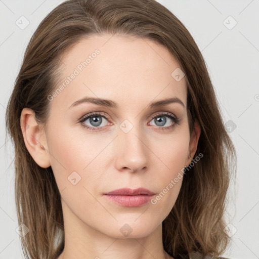 Neutral white young-adult female with long  brown hair and grey eyes