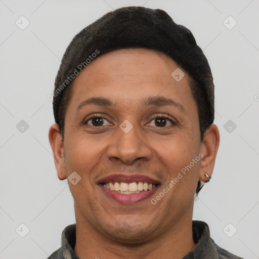 Joyful white adult female with short  black hair and brown eyes