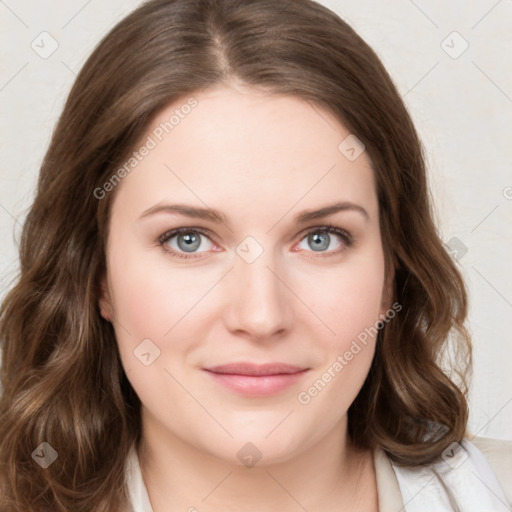 Joyful white young-adult female with medium  brown hair and green eyes